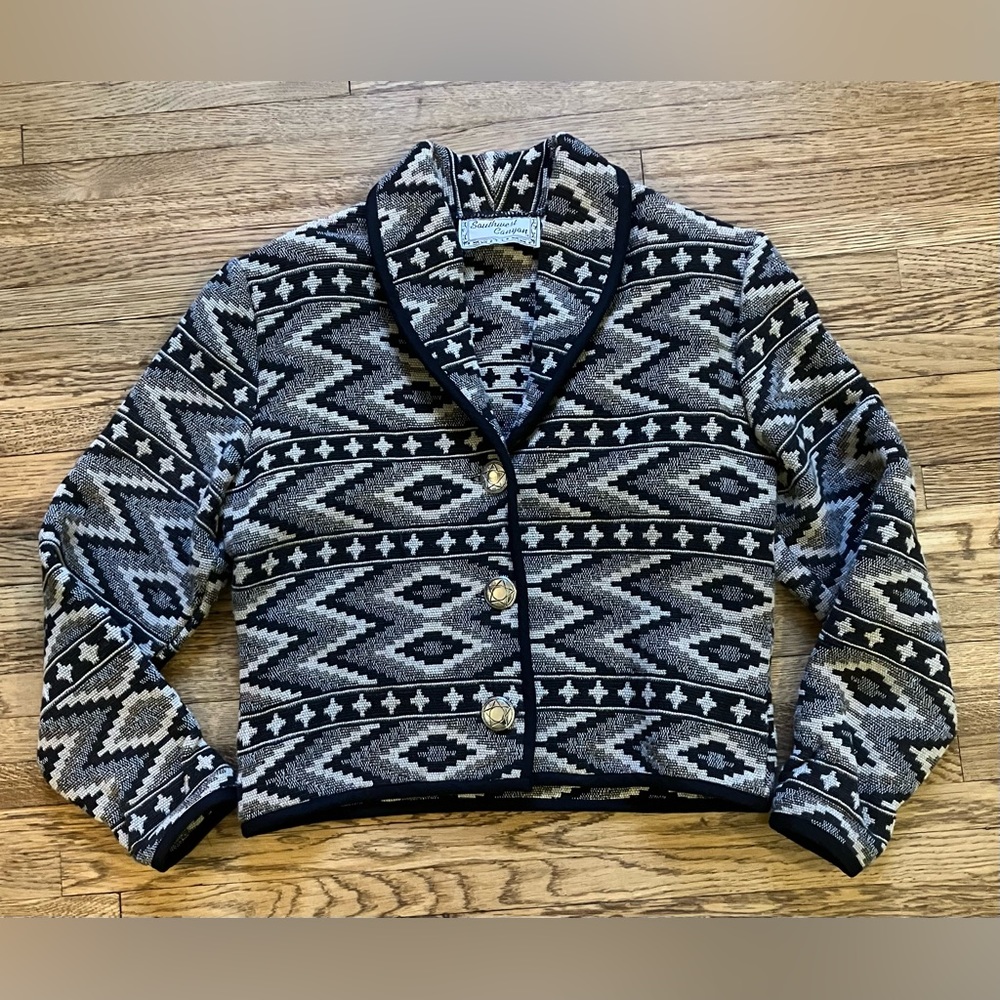 Southwest Canyon Vtg Western Blazer Black Ivory Conchos M